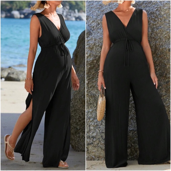 Maternity Surplice Sleeveless Wide Leg Jumpsuit - Picture 2 of 5